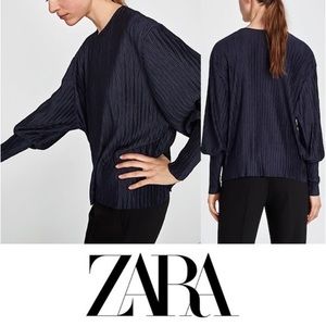 Zara Navy Blue Pleated Long Sleeve Blouse Small